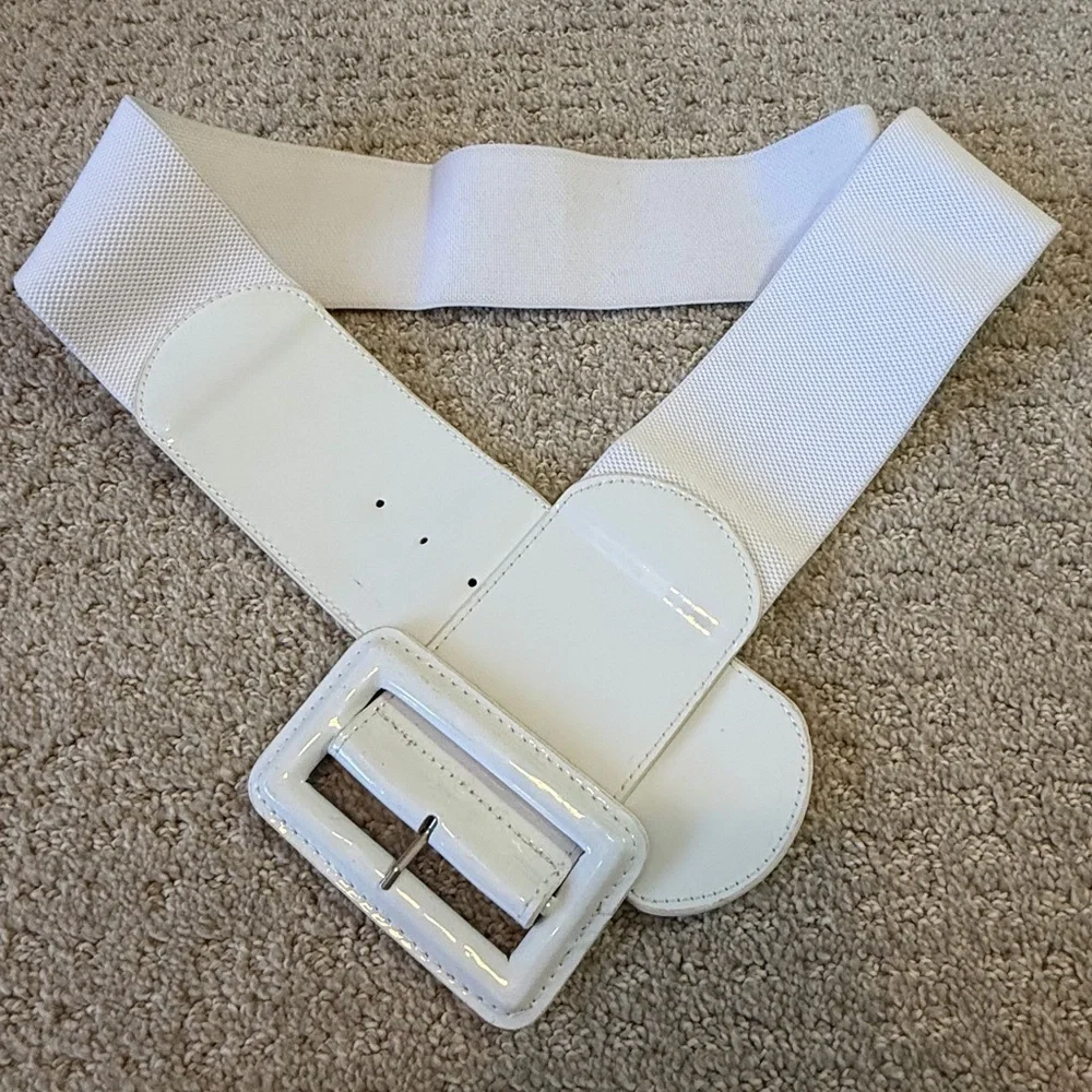 Womens White Patent Leather Belt Wide Size M/L Retro Y2K Mesh Stretch Vintage